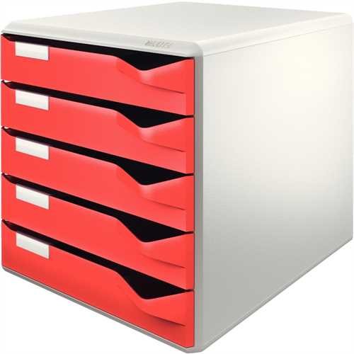 LEITZ Schubladenbox, PS, mit 5 Schubladen, A4, lichtgrau/rot