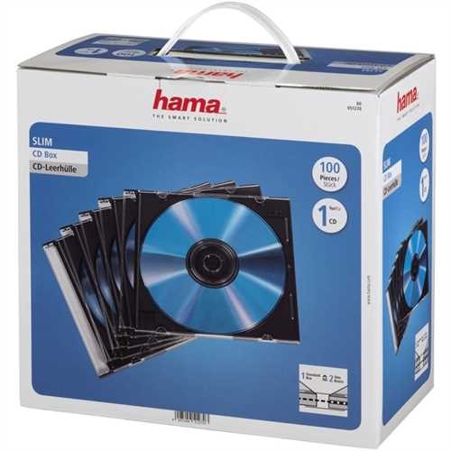 hama CD-Hülle Slim, Polystyrol, für: 1 CD/DVD, farblos/schwarz (100 Stück)
