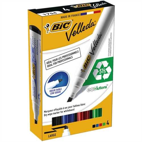 BIC Boardmarker ecolutions Velleda, 1751, Einweg, Keilspitze, 3,7 - 5,5 mm, Schreibfarbe: 4er sortie