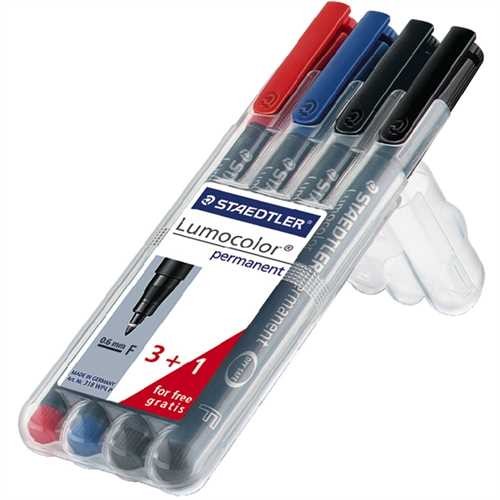 STAEDTLER OH-Stift, Lumocolor 318, F, permanent, 0,6 mm, Schaftfarbe: schwarz, Schreibfarbe: sortier