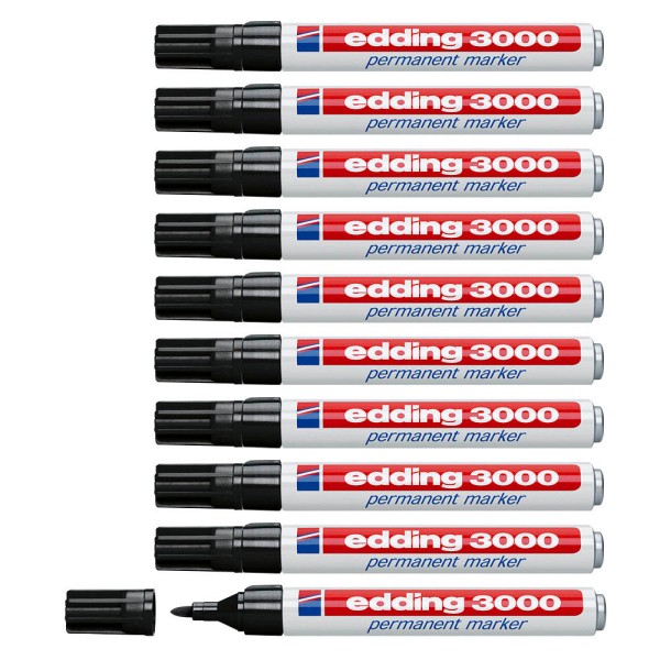 10 edding Permanentmarker, 3000, Rundspitze, 1,5 - 3 mm, Schreibfarbe: schwarz