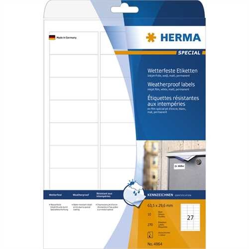 HERMA Etikett, Inkjet, auf A4-Bogen, selbstklebend, Folie, 63,5 x 29,6 mm, weiß, opak, matt (270 Stü