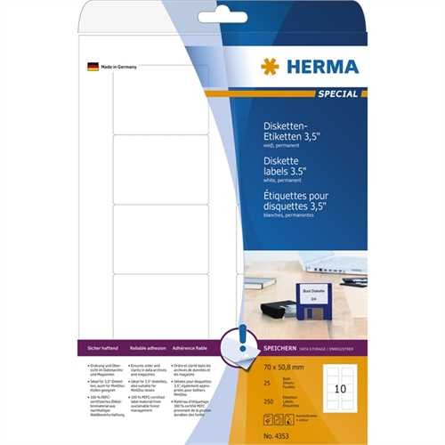 HERMA Etikett, Disketten 8,89 cm, Inkjet/Laser/Kopierer, selbstklebend, abgerundete Ecken, 70 x 50,8