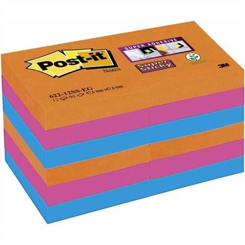 Post-it Haftnotiz Super Sticky Neon, 48 x 48 mm, 3farbig sortiert, 90 Blatt (12 Blocks)