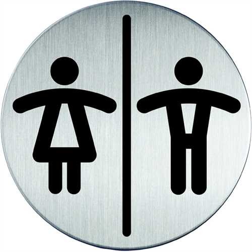 DURABLE Schild PICTO, WC Damen/Herren, selbstklebend, Edelstahl, rund, Ø: 83 mm, silber, Druckfarbe: