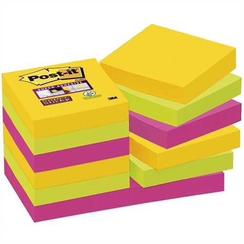 Post-it Haftnotiz Super Sticky, 48 x 48 mm, 3farbig sortiert, 90 Blatt (12 Blocks)