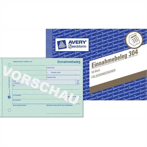 AVERY ZWECKFORM 304 - Einnahmebeleg, A6 quer, Papier, Einbandfarbe: Blau, 50 Blätter