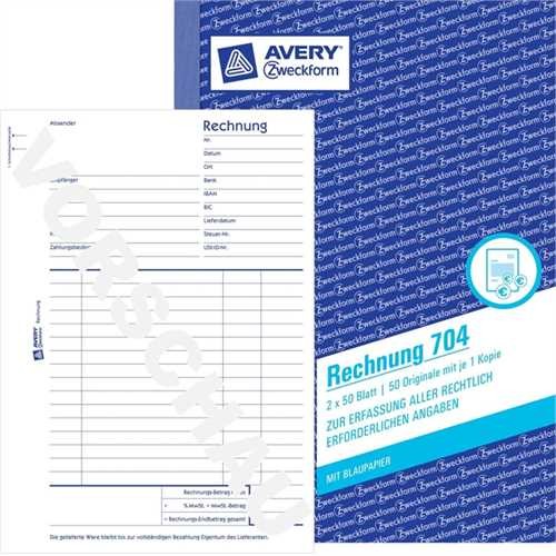 AVERY ZWECKFORM 704 - Rechnung, Karton, A5 hoch, Einbandfarbe: Blau, 2x50 Blätter