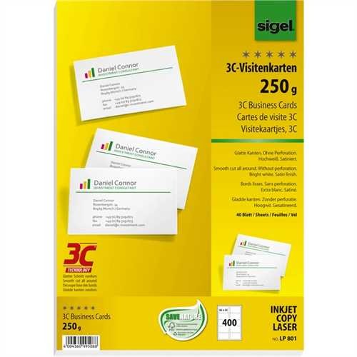 SIGEL Visitenkarte LP801 Edelkarton, 250 g/m², 85 x 55 mm, hochweiß