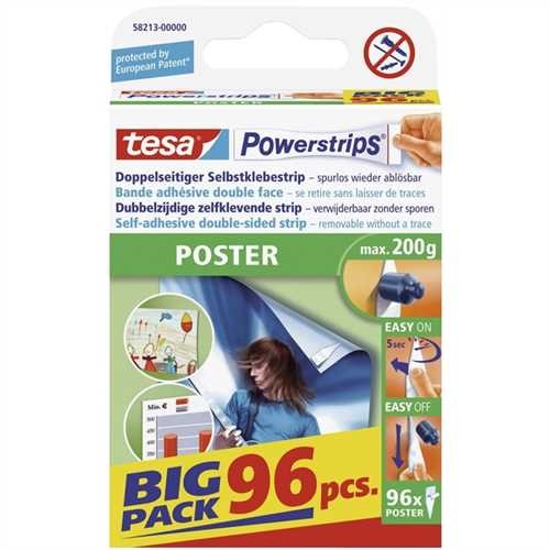 tesa Doppelklebestück Powerstrips Poster, selbstklebend, ablösbar, 20 x 40 mm (96 Stück)