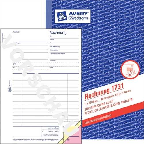 AVERY ZWECKFORM 1731 - Rechnung, Karton, A5 hoch, selbstdurchschreibend, 1. / 2. / 3. Blatt bedruckt