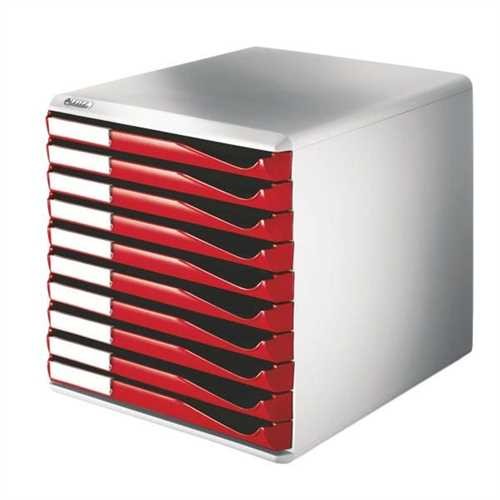 LEITZ Schubladenbox, PS, mit 10 Schubladen, A4, lichtgrau/rot