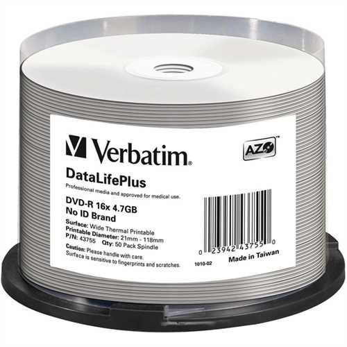 Verbatim DVD-R DataLifePlus, full printable, Spindel, einmalbeschreibbar, 4,7 GB, 16 x (50 Stück)