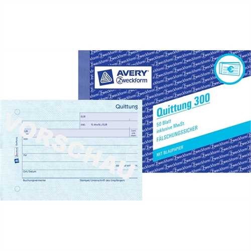 AVERY ZWECKFORM 300 - Quittung inklusive MwSt., A6 quer, Blau, 50 Blätter