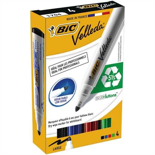 BIC Boardmarker ecolutions Velleda, 1701, Einweg, Rundspitze, 1,5 mm, Schreibfarbe: 4er sortiert (4