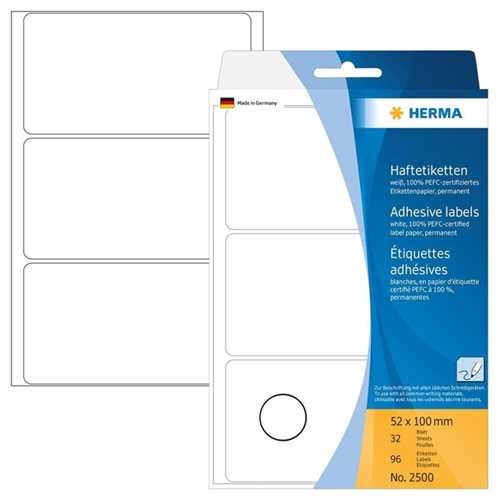 HERMA Etikett, Handbeschriftung, auf Bogen, selbstklebend, Spezialpapier, 52 x 100 mm, weiß (96 Stüc