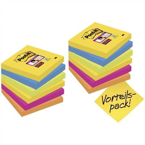 Post-it Haftnotiz Super Sticky, 76 x 76 mm, 5farbig sortiert, 90 Blatt (12 Blocks)