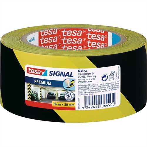 tesa Warnband Premium, diagonal gestreift, selbstklebend, 50 mm x 66 m, schwarz/gelb (1 Rolle)