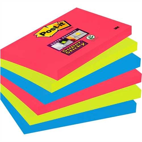 Post-it Haftnotiz Super Sticky, 127 x 76 mm, 3farbig sortiert, 90 Blatt (6 Blocks)