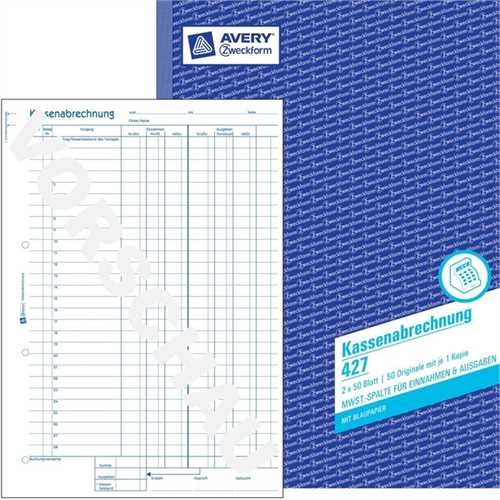 AVERY ZWECKFORM 427 - Kassenabrechnung für Einnahmen / Ausgaben, A4 hoch, 2fach, 1. / 2. Blatt bedru