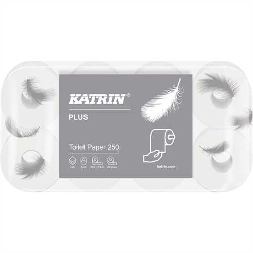 KATRIN Toilettenpapier Plus Toilet 250, Tissue, 3lagig, auf Rolle, 250 Blatt, 6 x 8 Rollen, weiß (48