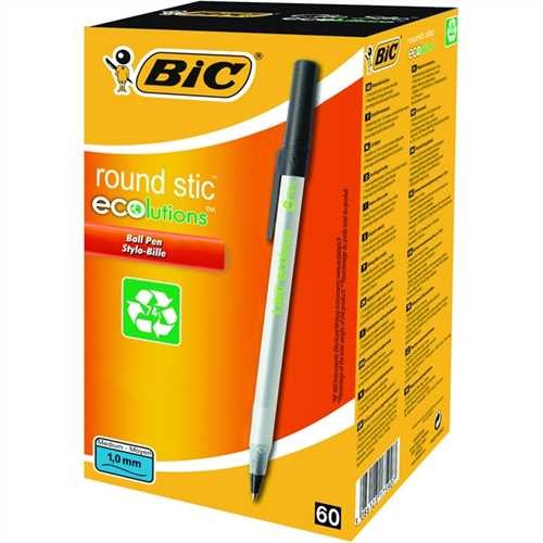 BIC Kugelschreiber ecolutions round stic™, mit Kappe, 0,4 mm, Schreibfarbe: schwarz (60 Stück)