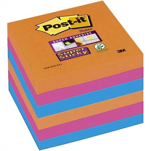 Post-it Haftnotiz Super Sticky Neon, 76 x 76 mm, 3farbig sortiert, 90 Blatt (6 Blocks)