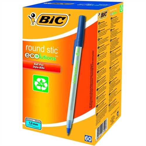 BIC Kugelschreiber ecolutions round stic™, mit Kappe, 0,4 mm, Schreibfarbe: blau (60 Stück)
