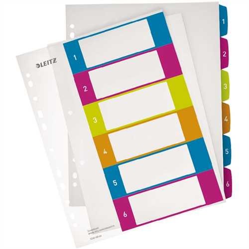 LEITZ Register WOW, PP, 0,3 mm, 1 - 6, Universallochung, A4, überbreit, 6 Blatt, weiß/farbige Tabe
