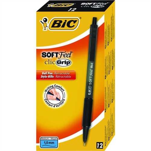 BIC Kugelschreiber SOFT Feel clic Grip, Druckmechanik, 0,4 mm, Schreibfarbe: schwarz (12 Stück)