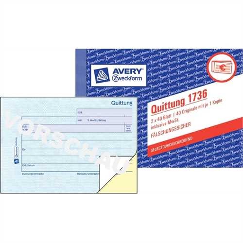 AVERY ZWECKFORM 1736 - Quittung inklusive MwSt., A6 quer, 2fach, selbstdurchschreibend, 1. / 2. Blat