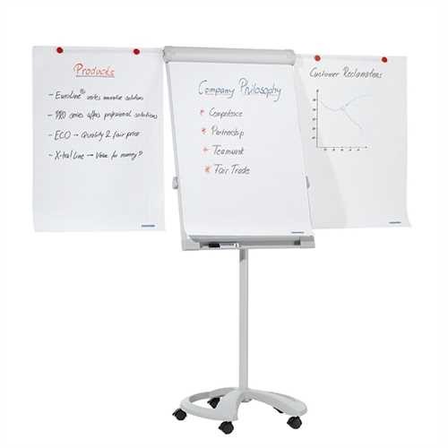 FRANKEN Flipchart Deluxe Mobil, runde Basis mit 5 Rollen, magnetisch, 67 x 95 cm, hellgrau