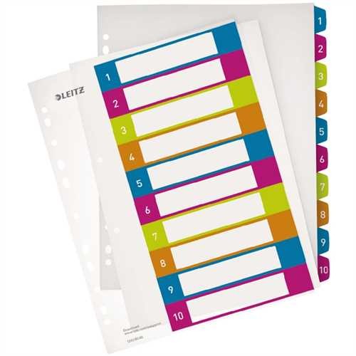 LEITZ Register WOW, PP, 0,3 mm, 1 - 10, Universallochung, A4, überbreit, 10 Blatt, weiß/farbige Tabe