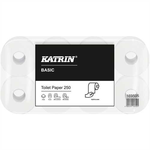 KATRIN Toilettenpapier Basic Toilet 250, 2lagig, auf Rolle, 250 Blatt, 8 x 8 Rollen, naturweiß (64 R