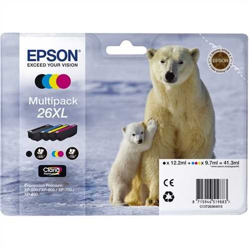 EPSON Tintenpatrone, 26XL, C13T26364010, original, 4er sortiert, 12,2/9,7 ml (schwarzweiß/farbig), 5