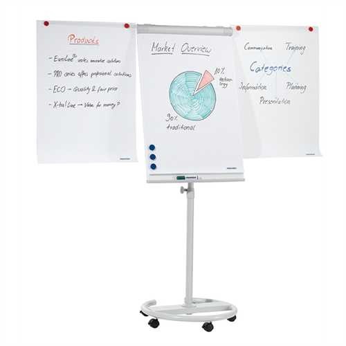 FRANKEN Flipchart ECO Mobil, runde Basis mit 5 Rollen, magnetisch, 68 x 105 cm, hellgrau