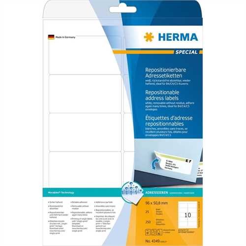 HERMA Etikett, Inkjet/Laser/Kopierer, selbstklebend, ablösbar, abgerundete Ecken, 96 x 50,8 mm, weiß