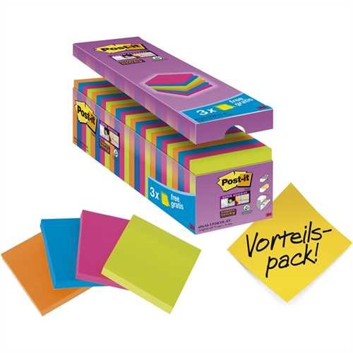 Post-it Haftnotiz Super Sticky, 76 x 76 mm, 4farbig sortiert, 90 Blatt (24 Blocks)