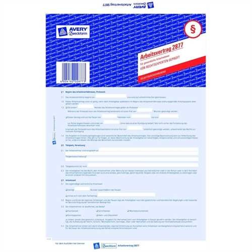 AVERY ZWECKFORM 2877 - ArbeitsVertrag, A4, selbstdurchschreibend, Papier, Blau, 3 Blatt