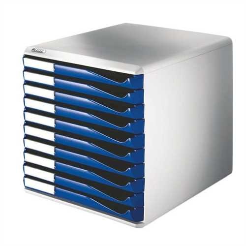 LEITZ Schubladenbox, PS, mit 10 Schubladen, A4, lichtgrau/blau