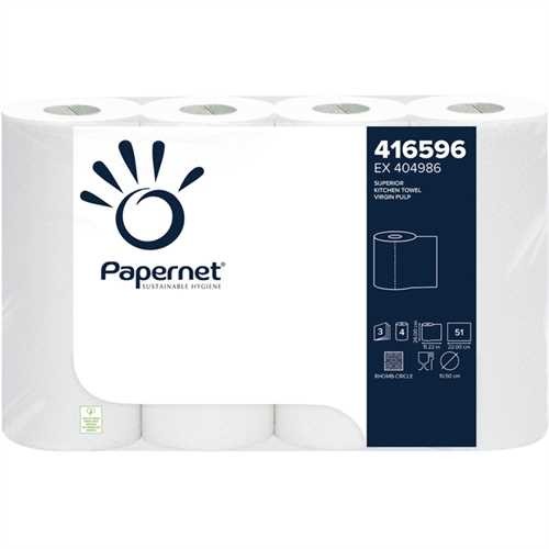 Papernet Küchenrolle SUPERIOR, Zellstoff, 3lagig, auf Rolle, 51 Blatt, 26 x 22 cm, weiß (4 Rollen)
