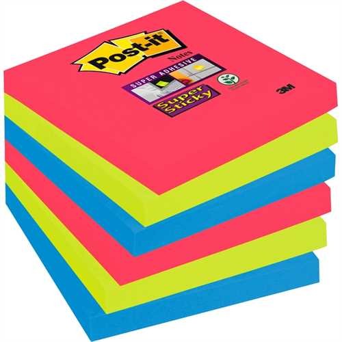 Post-it Haftnotiz Super Sticky, 76 x 76 mm, 3farbig sortiert, 90 Blatt (6 Blocks)