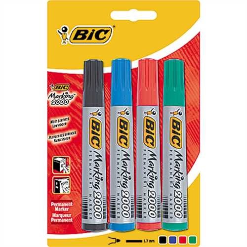 BIC Permanentmarker Marking™ 2000, Einweg, Rundspitze, 1,7 mm, Schreibfarbe: 4er sortiert (4 Stück)