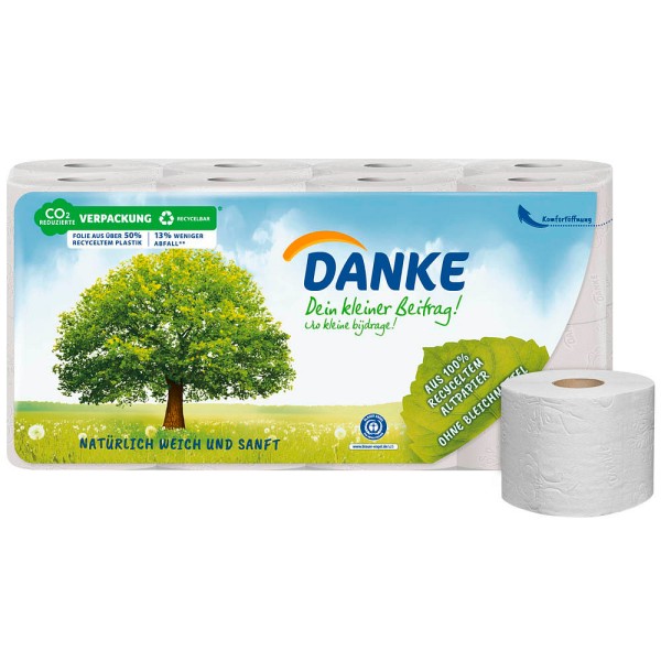 DANKE Toilettenpapier 3-lagig Recyclingpapier, 8 Rollen