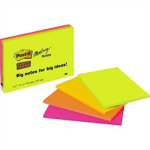 Post-it Haftnotiz Super Sticky Meeting Notes, 152 x 101 mm, sortiert, 45 Blatt (4 Blocks)