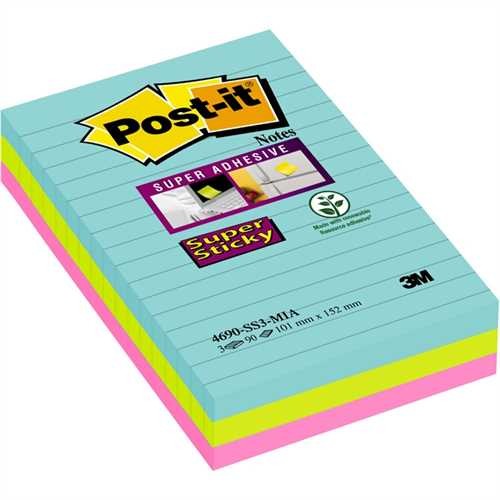 Post-it Haftnotiz Super Sticky Miami, liniert, 101 x 152 mm, sortiert, 3 x 90 Blatt (3 Blocks)