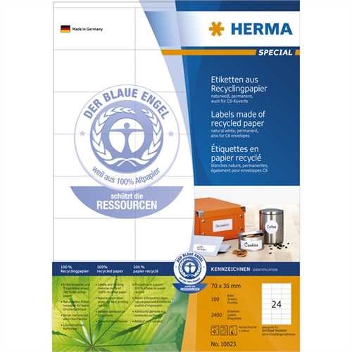 HERMA Etikett, Inkjet/Laser/Kopierer, auf A4-Bogen, selbstklebend, Papier (RC), 70 x 36 mm, naturwei