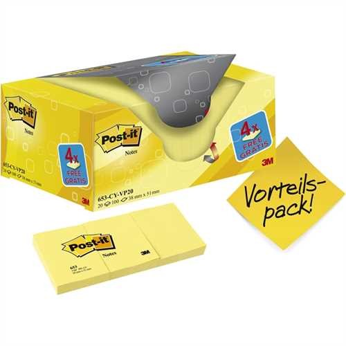 Post-it Haftnotiz, 51 x 38 mm, gelb, 100 Blatt (20 Blocks)