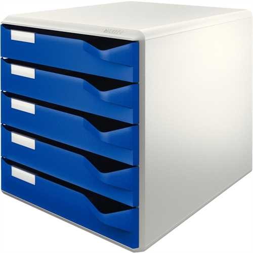 LEITZ Schubladenbox, PS, mit 5 Schubladen, A4, lichtgrau/blau