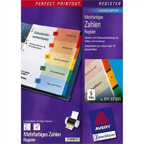 AVERY Zweckform Register, Spezialkarton, 190 g/m², 1 - 5, A4, 5 Blatt, 5farbig